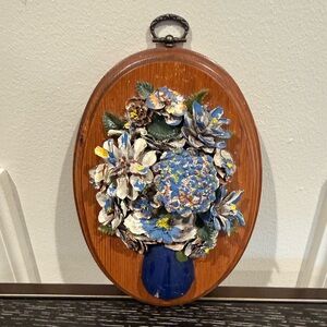 VINTAGE WOODEN FRAMED FLORAL MADE WITH PINE CONES HANDMADE